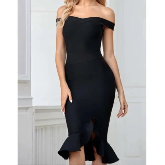 chinese dress ladies Black Open Back Midi Dress Mermaid Skirt KAYLA